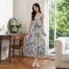 Blue and white tie-dyed cool silk linen dress for women's wear, floral style long dress details Picture